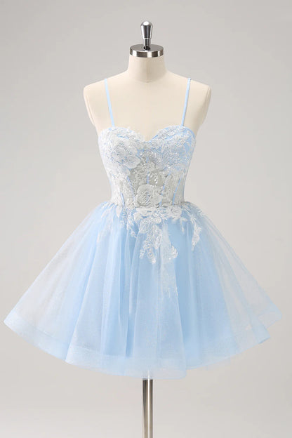 Sparkly Blue A Line Corset Sequin Short Homecoming Dress with Appliques