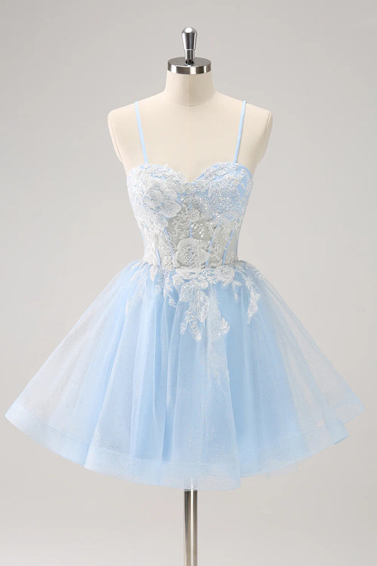 Sparkly Blue A Line Corset Sequin Short Homecoming Dress with Appliques