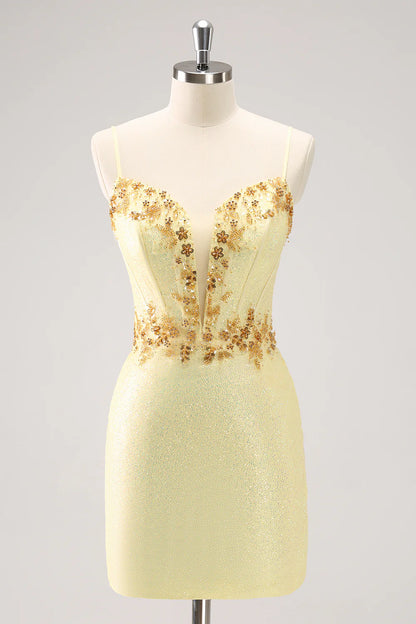 Sparkly Yellow Bodycon Corset Short Homecoming Dress with Beading