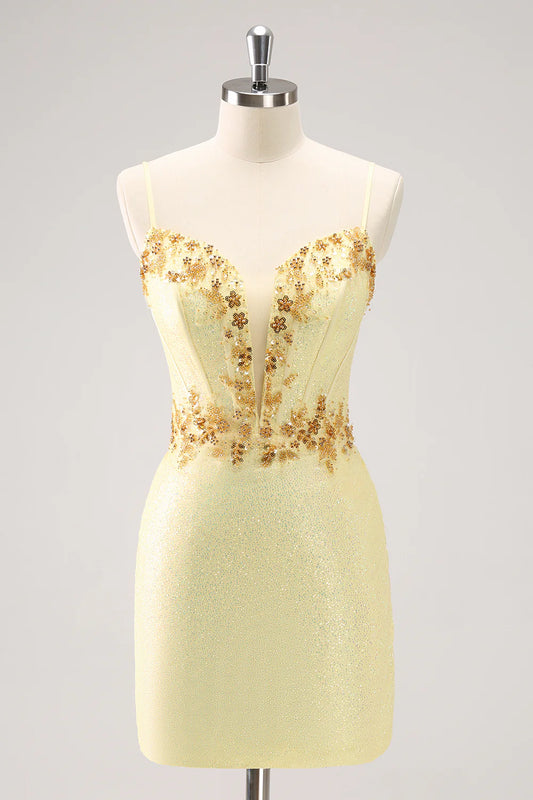 Sparkly Yellow Bodycon Corset Short Homecoming Dress with Beading
