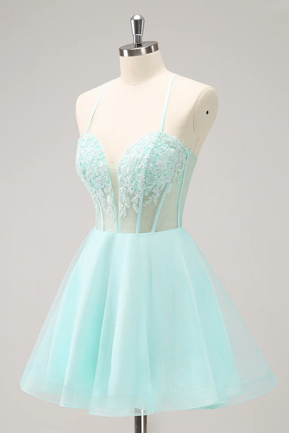 Sparkly A Line Corset Sequin Short Green Homecoming Dress with Appliques