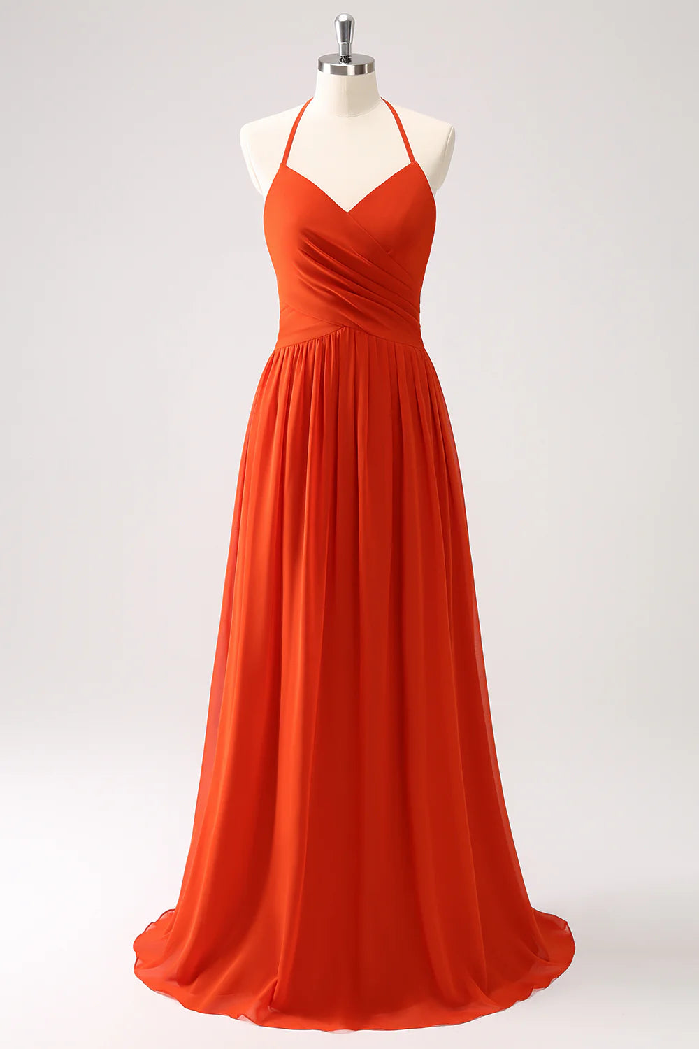 Orange A Line Halter Pleated Chiffon Long Bridesmaid Dress