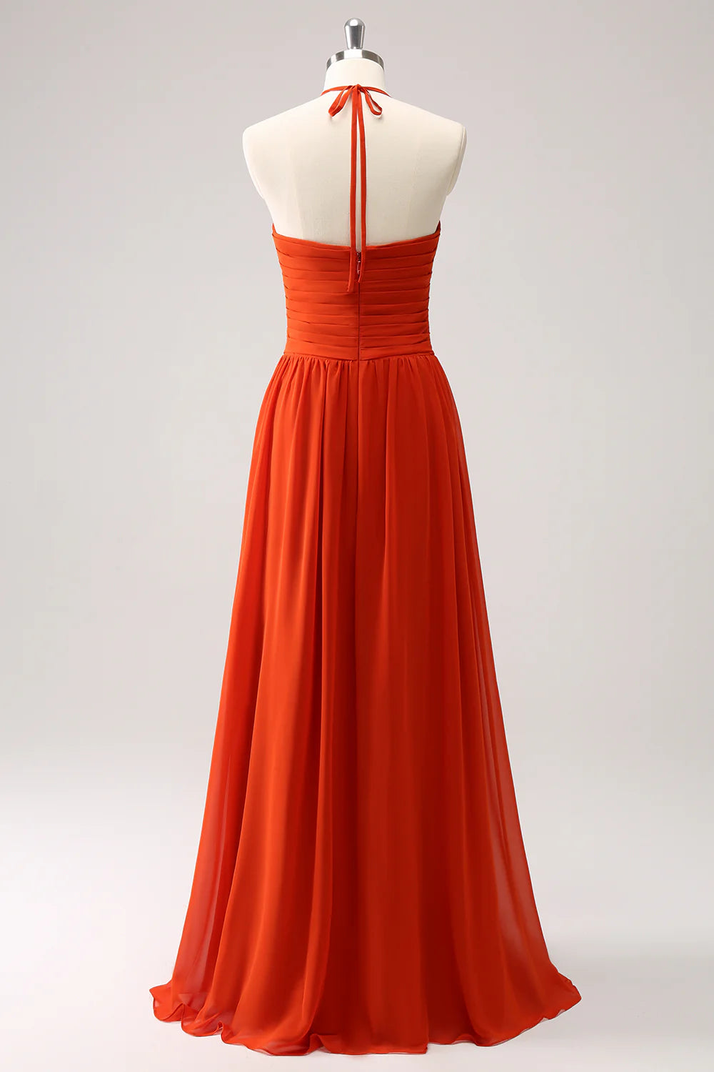 Orange A Line Halter Pleated Chiffon Long Bridesmaid Dress