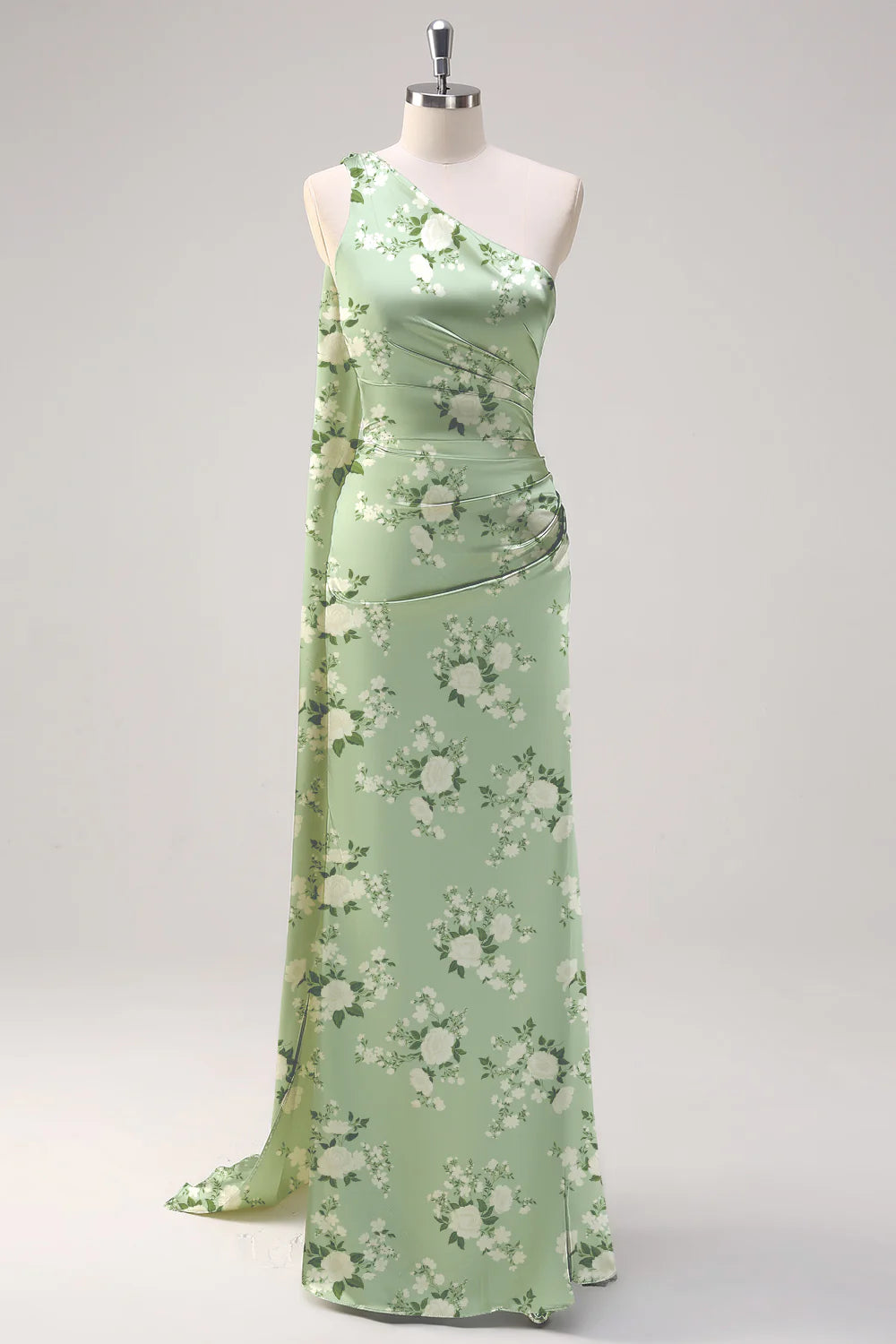 Sage White Flower Sheath One Shoulder Streamer Satin Long Bridesmaid Dress