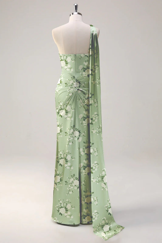 Sage White Flower Sheath One Shoulder Streamer Satin Long Bridesmaid Dress