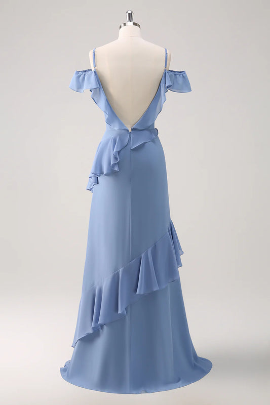 Grey Blue A Line Cold Shoulder Chiffon Long Bridesmaid Dress with Ruffles