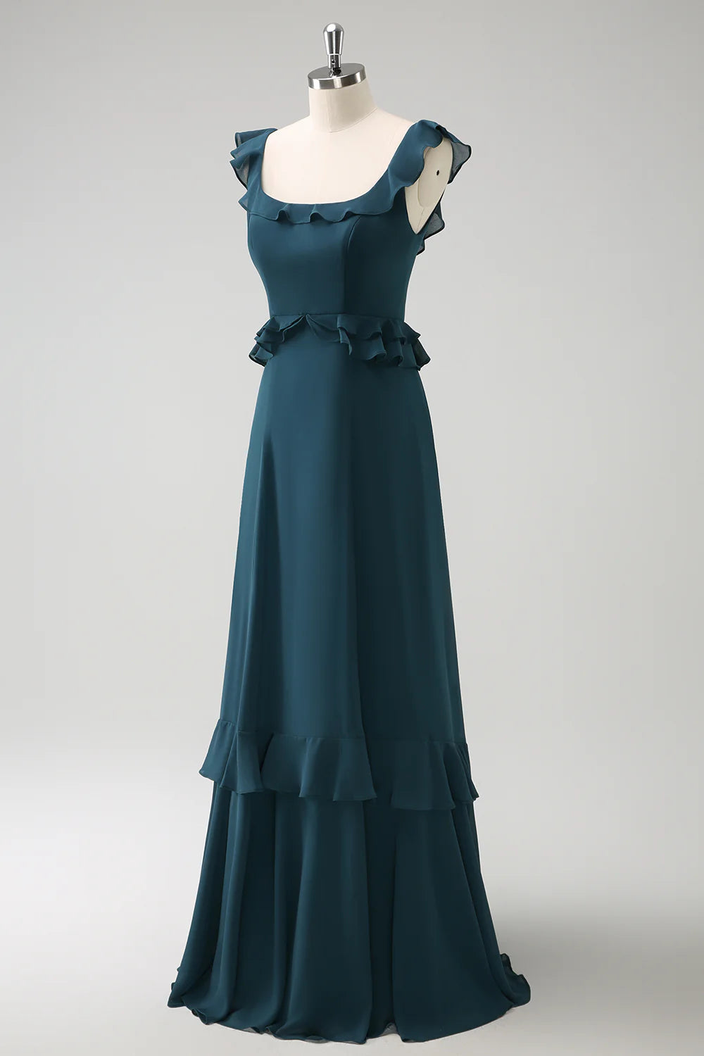 Dark Peacock Green A Line Square Neck Chiffon Long Bridesmaid Dress with Ruffles