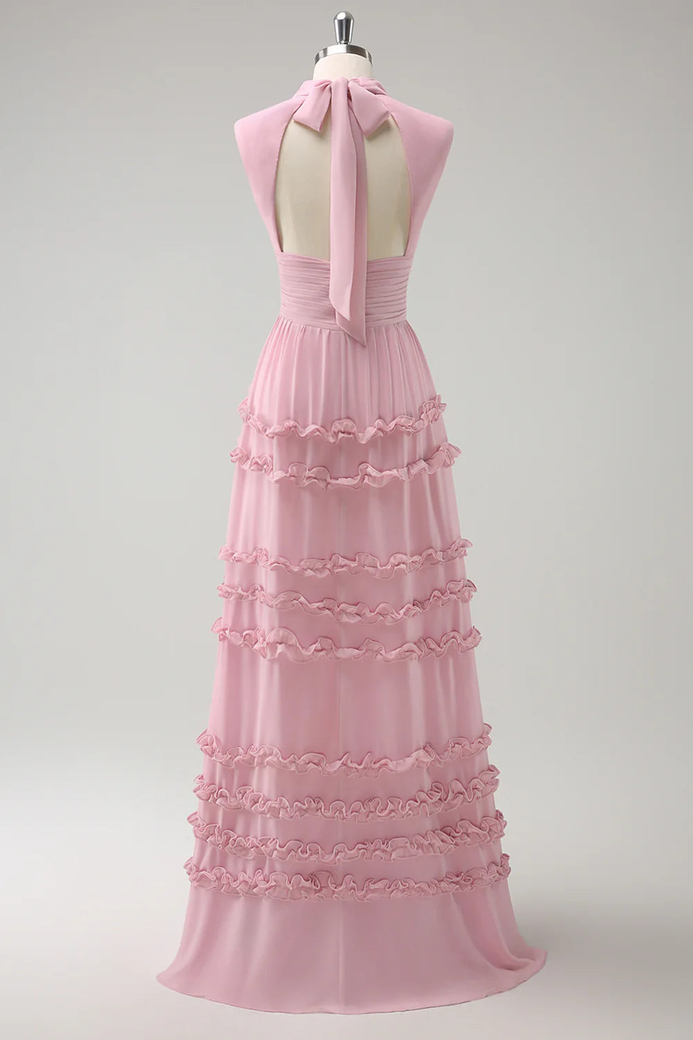 Blush Pink A Line High Neck Pleated Long Bridesmaid Dress with Lace Up Back