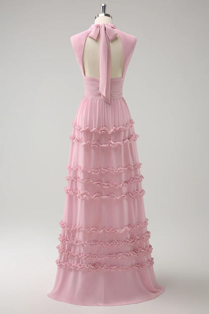 Blush Pink A Line High Neck Pleated Long Bridesmaid Dress with Lace Up Back