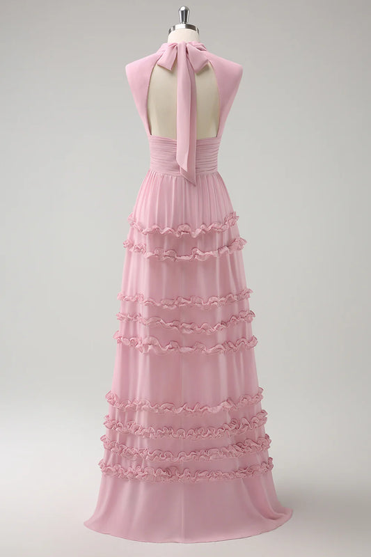 Blush Pink A Line High Neck Pleated Long Bridesmaid Dress with Lace Up Back