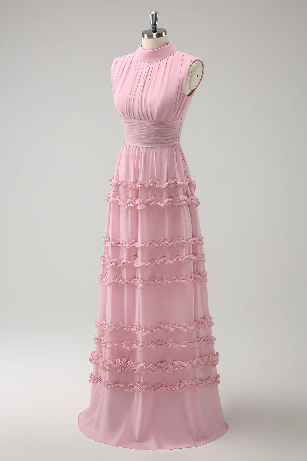 Blush Pink A Line High Neck Pleated Long Bridesmaid Dress with Lace Up Back