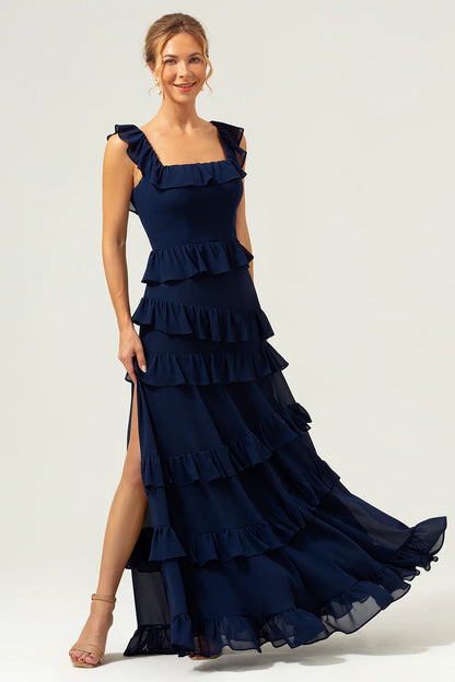 Dark Navy A-Line Square Neck Tiered Long Bridesmaid Dress