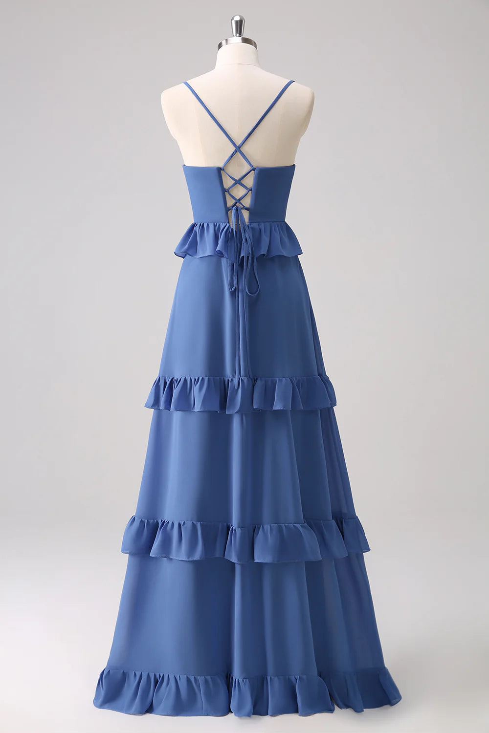 Dark Blue A-Line Chiffon Tiered Long Bridesmaid Dress with Lace Up Back