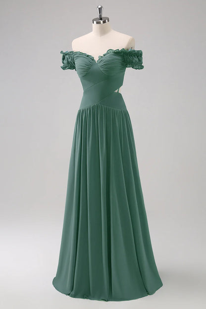 Eucalyptus A Line Off The Shoulder Chiffon Floor Length Bridesmaid Dress