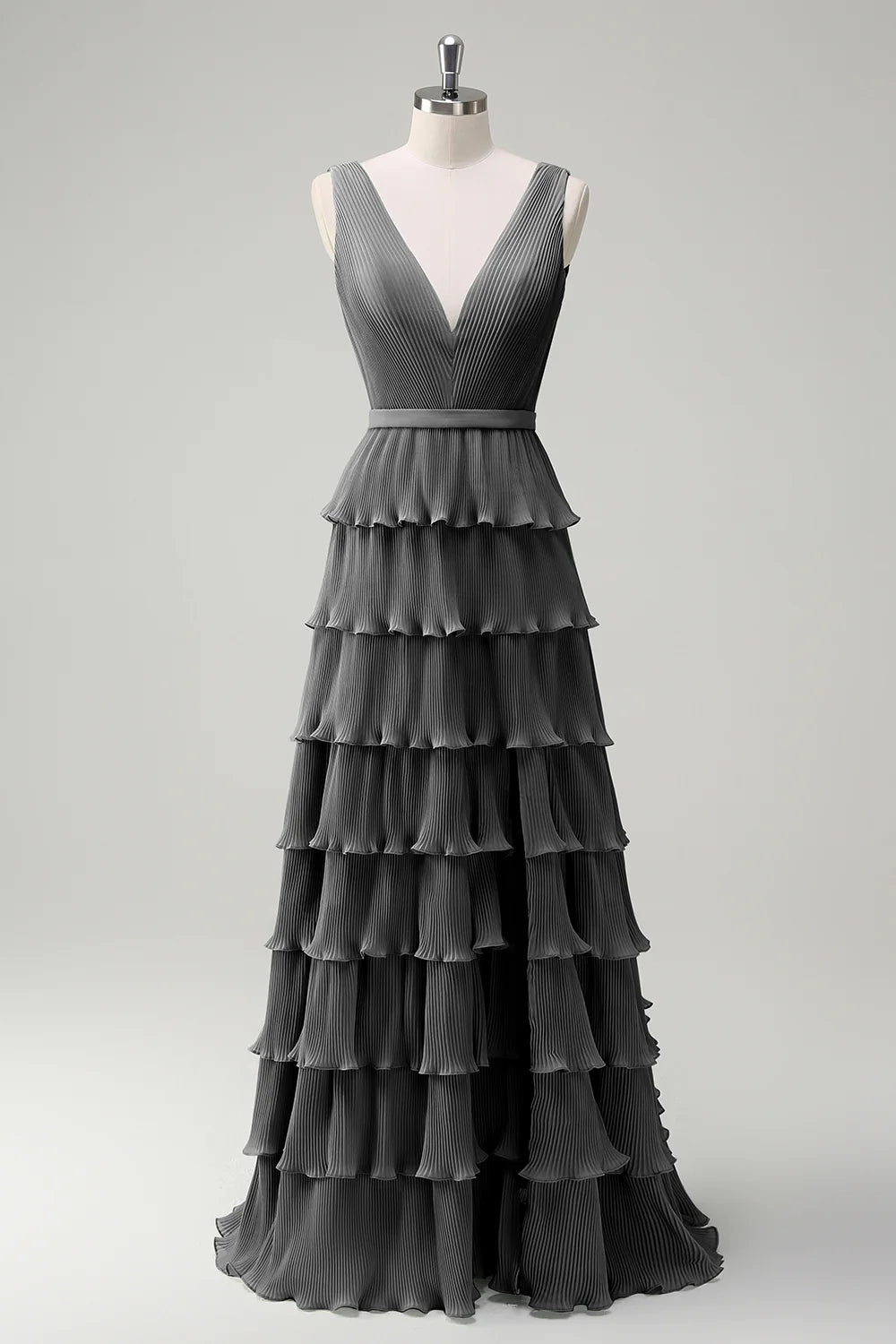 A-line V-neck pleated layered backless floor length skirt with slit