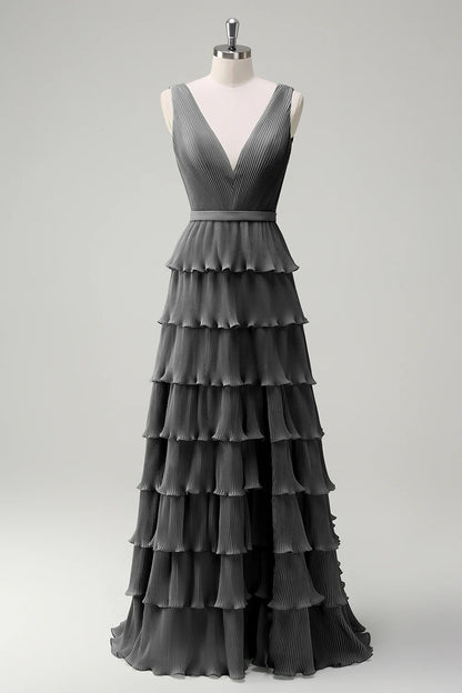 A-line V-neck pleated layered backless floor length skirt with slit
