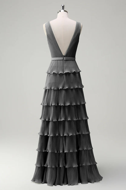A-line V-neck pleated layered backless floor length skirt with slit