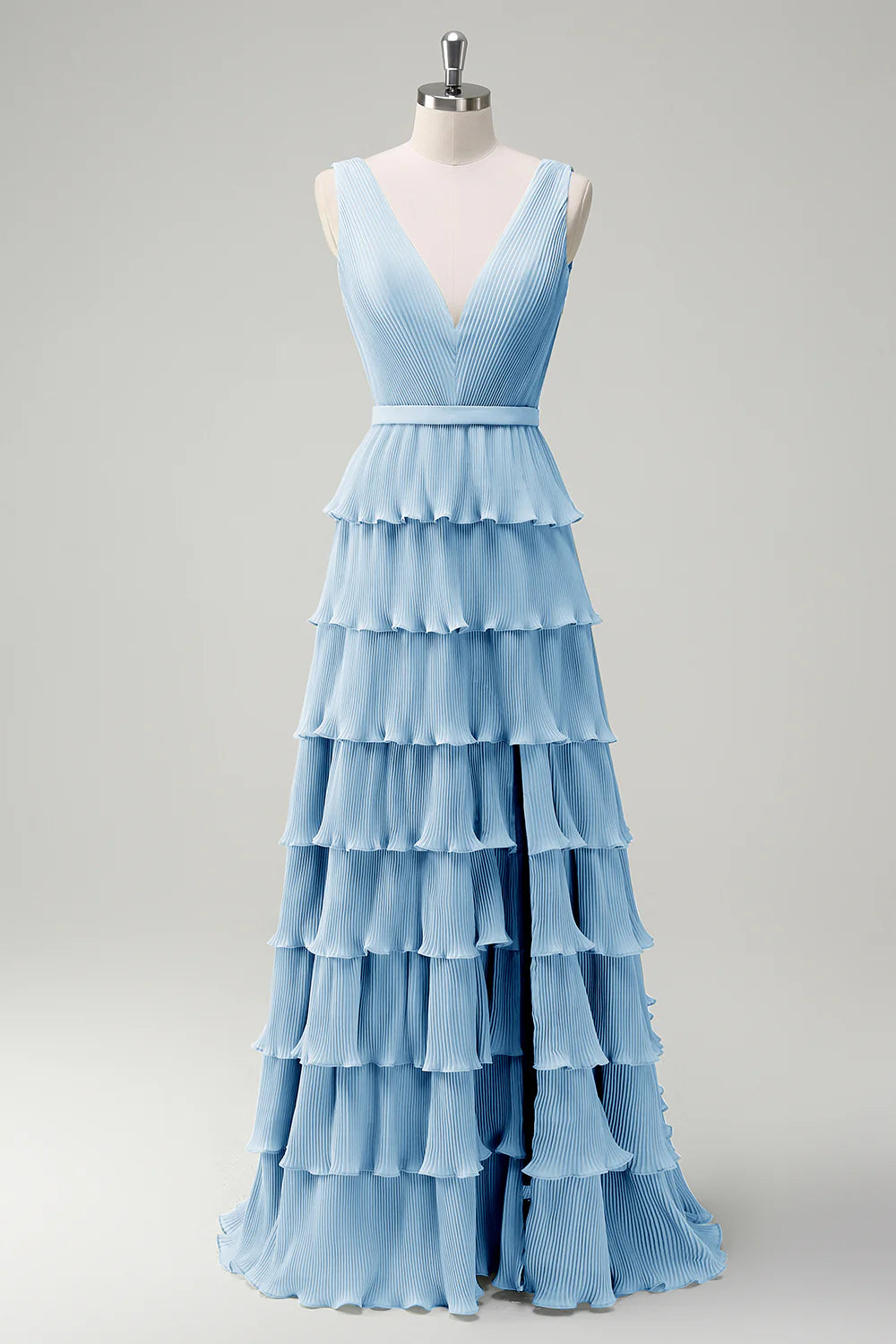 A-line V-neck pleated layered backless floor length skirt with slit