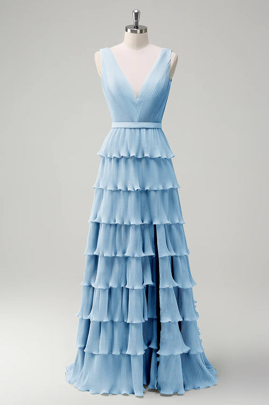 A-line V-neck pleated layered backless floor length skirt with slit