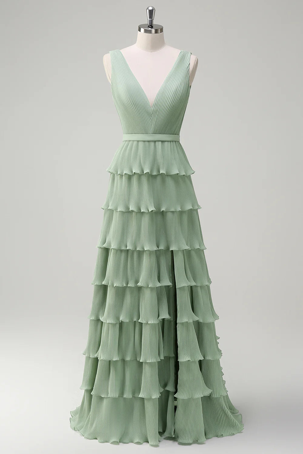 Dusty Sage A Line V-Neck Pleated Tiered Open Back Long Bridesmaid Dress with Slit