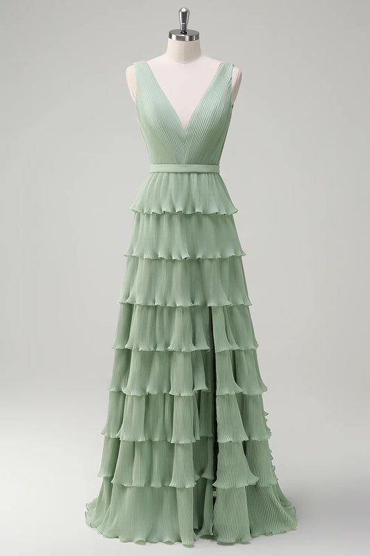 Dusty Sage A Line V-Neck Pleated Tiered Open Back Long Bridesmaid Dress with Slit