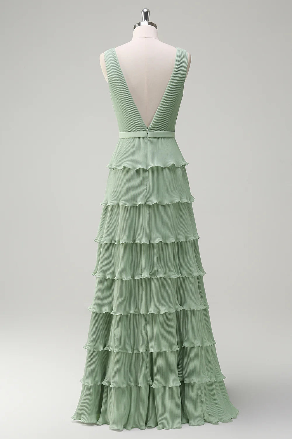 Dusty Sage A Line V-Neck Pleated Tiered Open Back Long Bridesmaid Dress with Slit