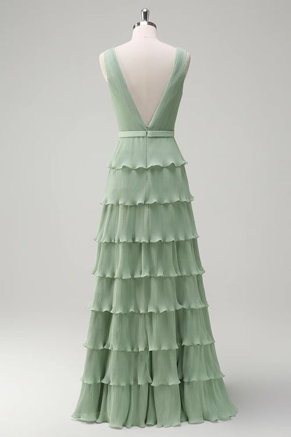 Dusty Sage A Line V-Neck Pleated Tiered Open Back Long Bridesmaid Dress with Slit