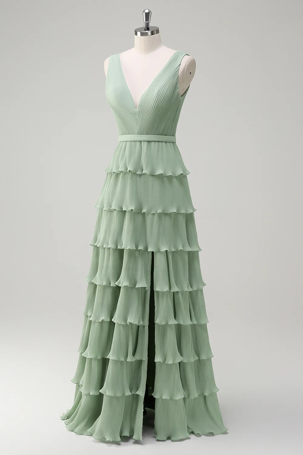 Dusty Sage A Line V-Neck Pleated Tiered Open Back Long Bridesmaid Dress with Slit