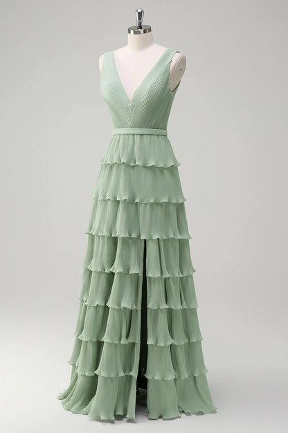 Dusty Sage A Line V-Neck Pleated Tiered Open Back Long Bridesmaid Dress with Slit