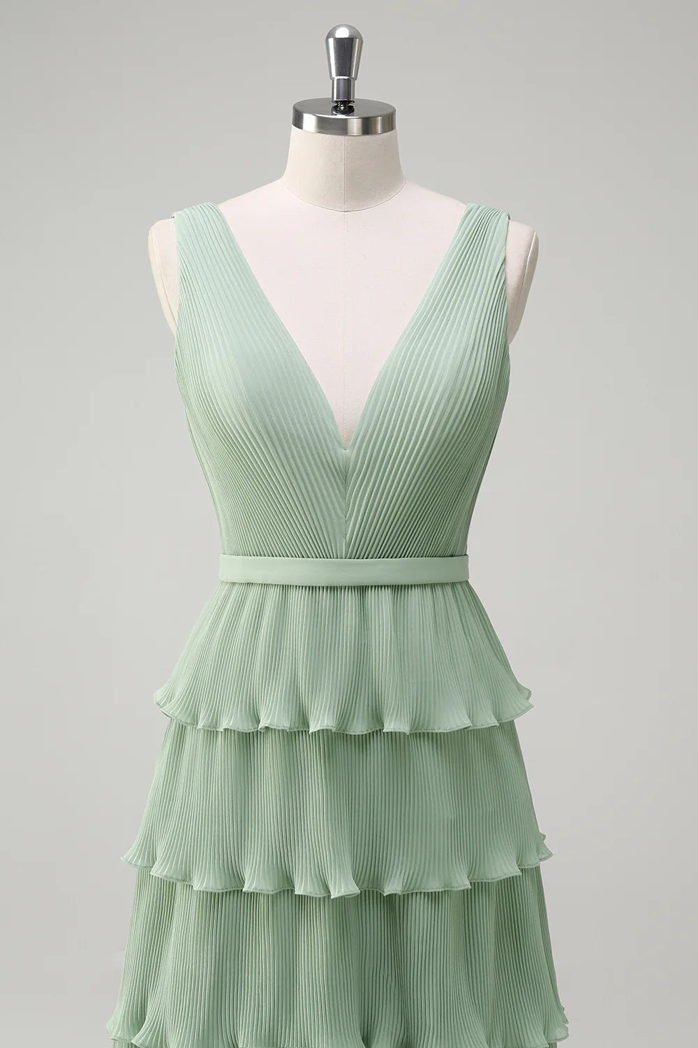 Dusty Sage A Line V-Neck Pleated Tiered Open Back Long Bridesmaid Dress with Slit