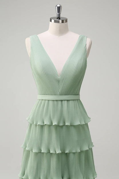 Dusty Sage A Line V-Neck Pleated Tiered Open Back Long Bridesmaid Dress with Slit