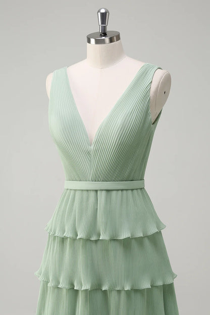 Dusty Sage A Line V-Neck Pleated Tiered Open Back Long Bridesmaid Dress with Slit
