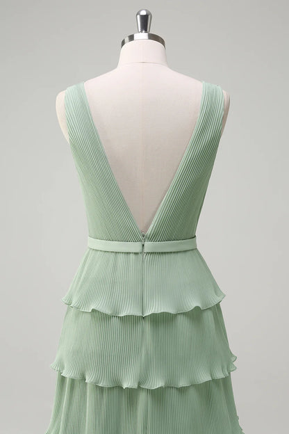 Dusty Sage A Line V-Neck Pleated Tiered Open Back Long Bridesmaid Dress with Slit