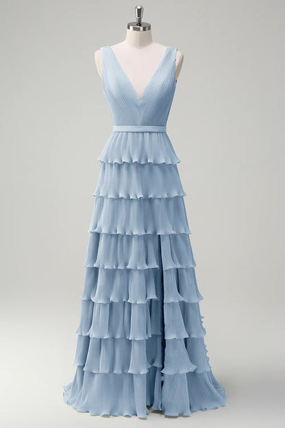 A-line V-neck pleated layered backless floor length skirt with slit