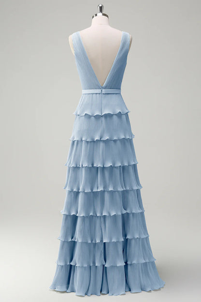 A-line V-neck pleated layered backless floor length skirt with slit