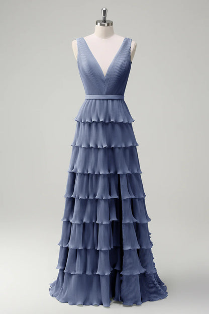 A-line V-neck pleated layered backless floor length skirt with slit