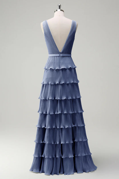 A-line V-neck pleated layered backless floor length skirt with slit