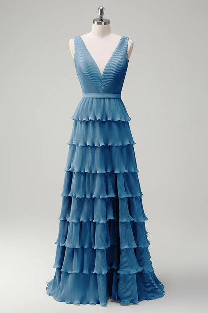 A-line V-neck pleated layered backless floor length skirt with slit