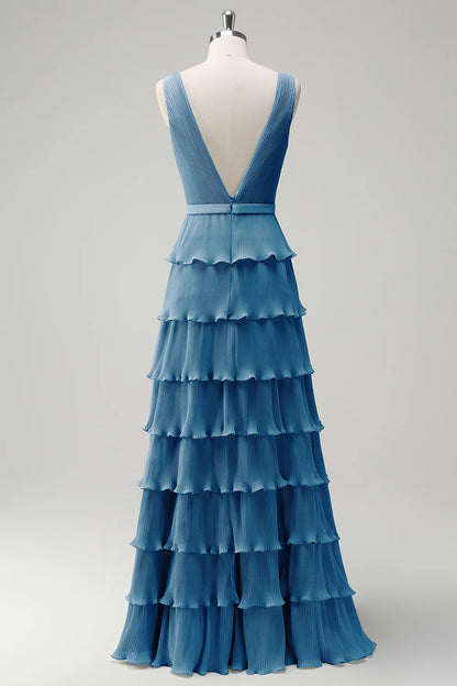 A-line V-neck pleated layered backless floor length skirt with slit