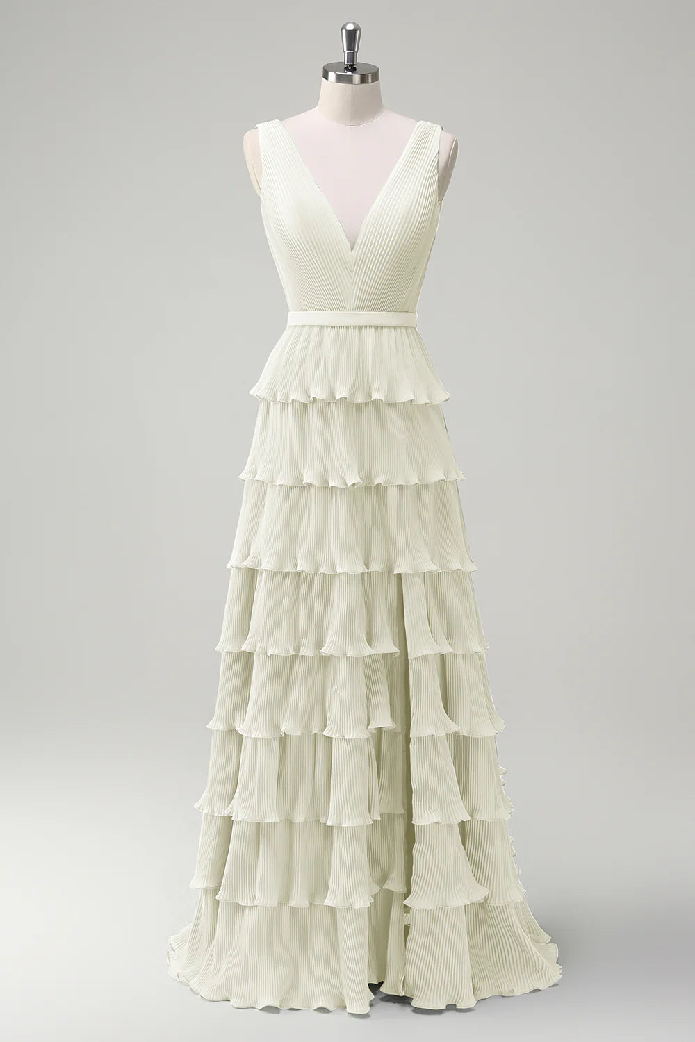 A-line V-neck pleated layered backless floor length skirt with slit