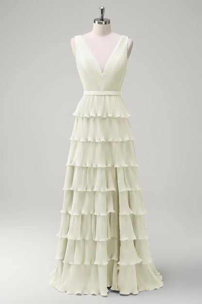 A-line V-neck pleated layered backless floor length skirt with slit