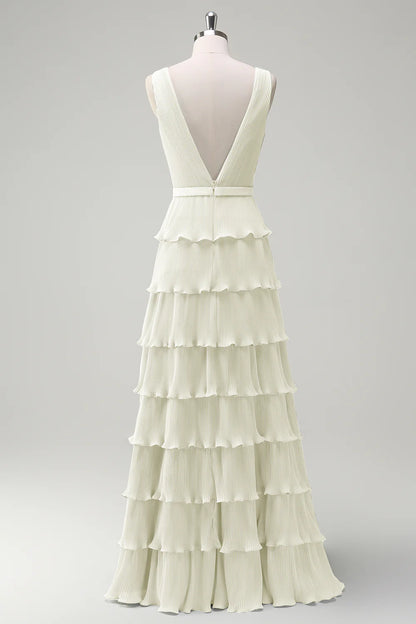 A-line V-neck pleated layered backless floor length skirt with slit