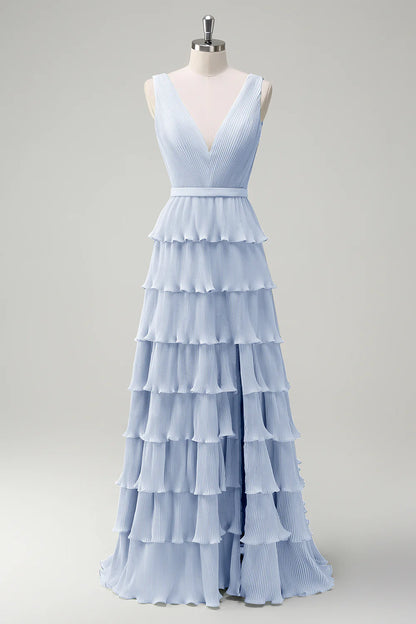 A-line V-neck pleated layered backless floor length skirt with slit