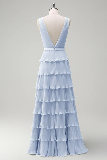 A-line V-neck pleated layered backless floor length skirt with slit