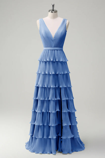 A-line V-neck pleated layered backless floor length skirt with slit