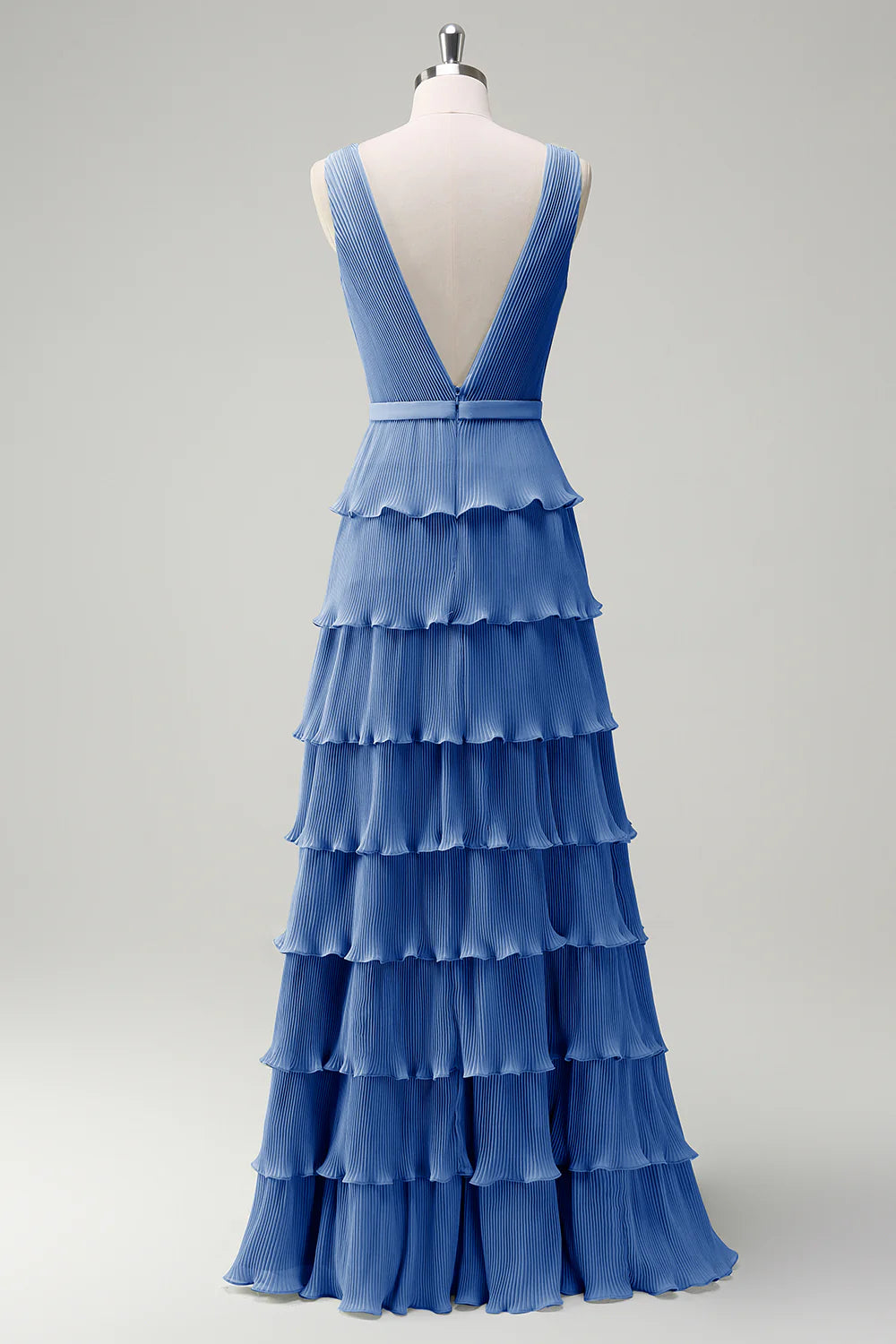 A-line V-neck pleated layered backless floor length skirt with slit
