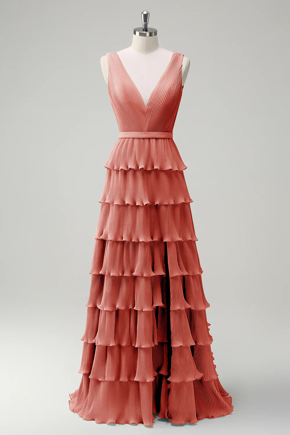 A-line V-neck pleated layered backless floor length skirt with slit