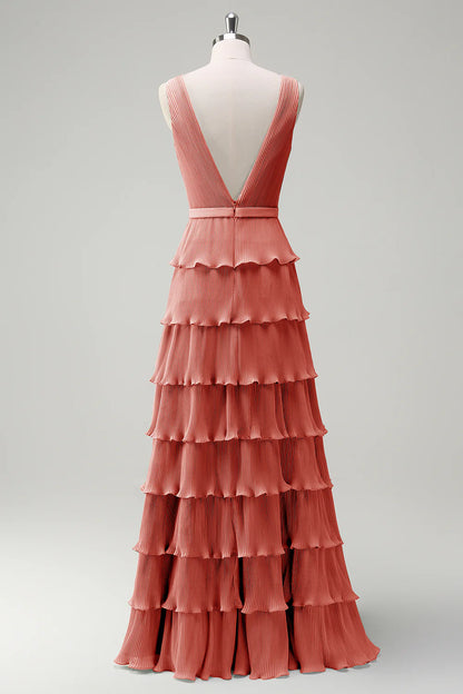 A-line V-neck pleated layered backless floor length skirt with slit