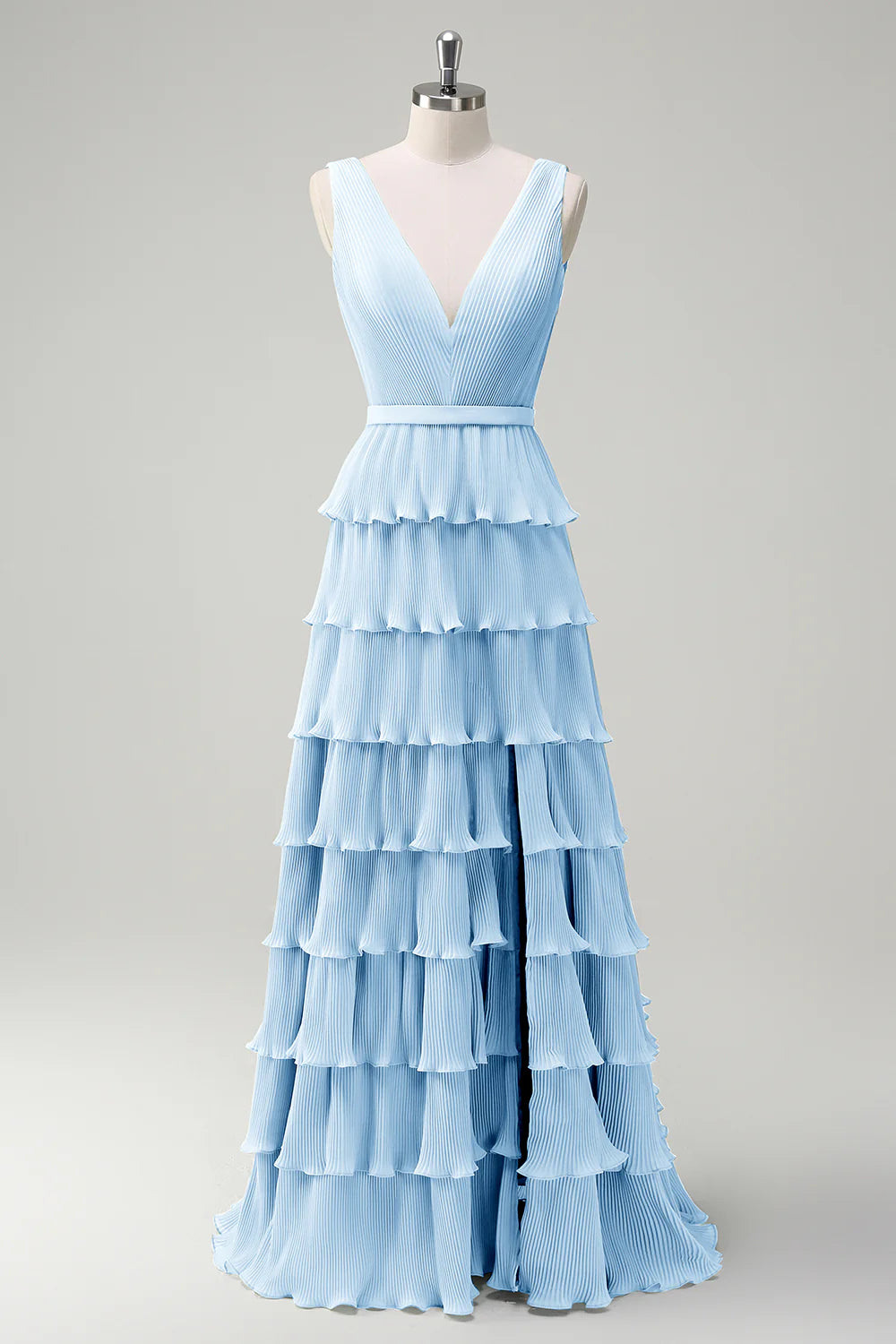 A-line V-neck pleated layered backless floor length skirt with slit