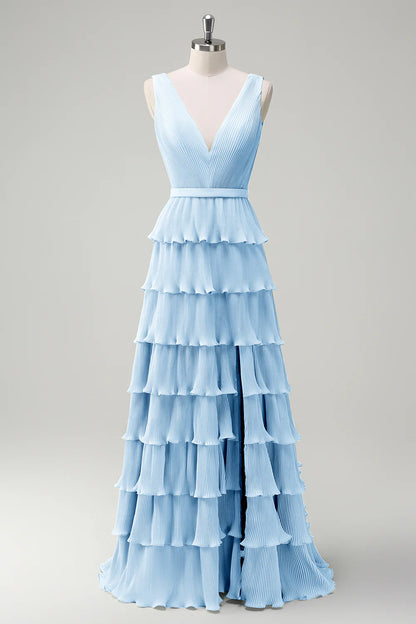 A-line V-neck pleated layered backless floor length skirt with slit